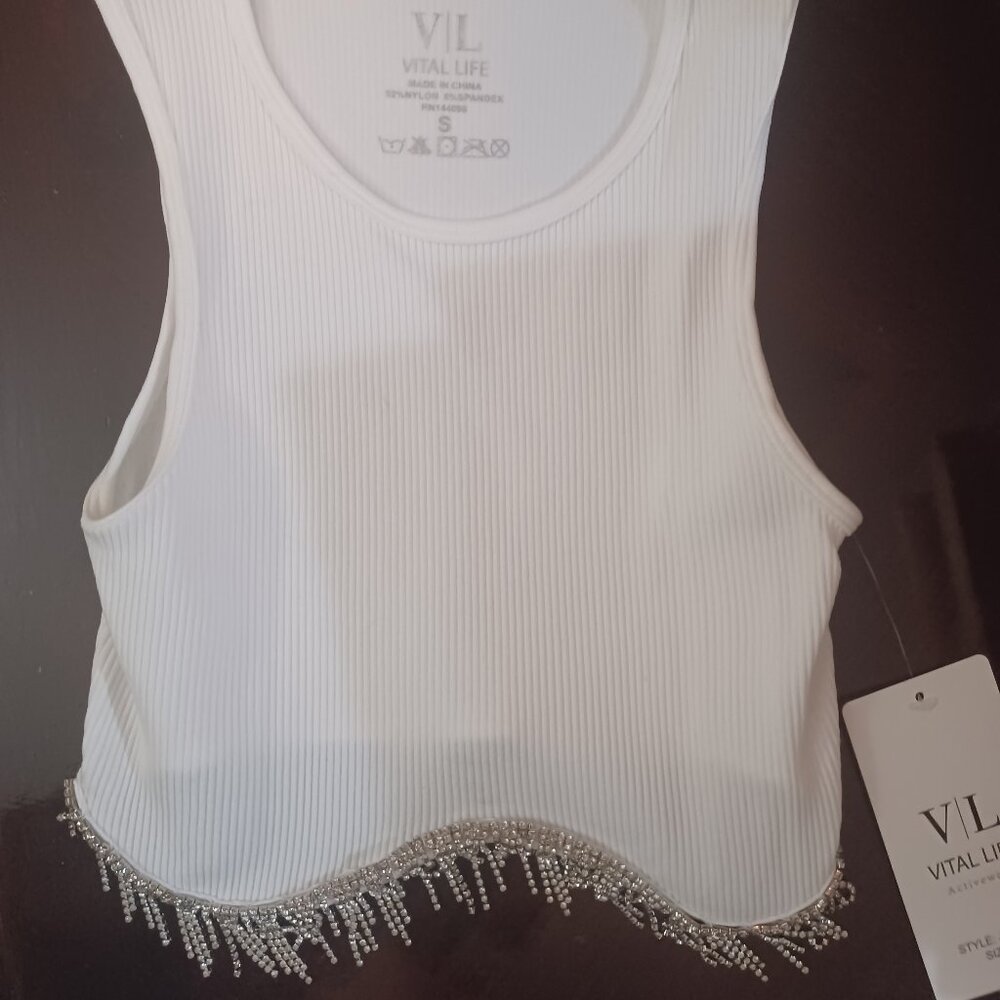 Vital Life Women’s Small White Activewear Top w/ Rhinestone Tassel Bling NWT